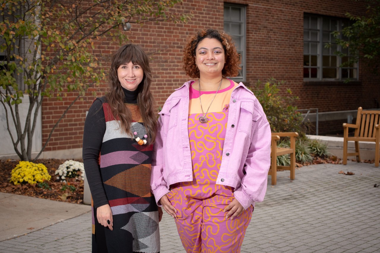 Carly Kusy and Mahdiya Trudeau-Williams standing outside Hayward Hall