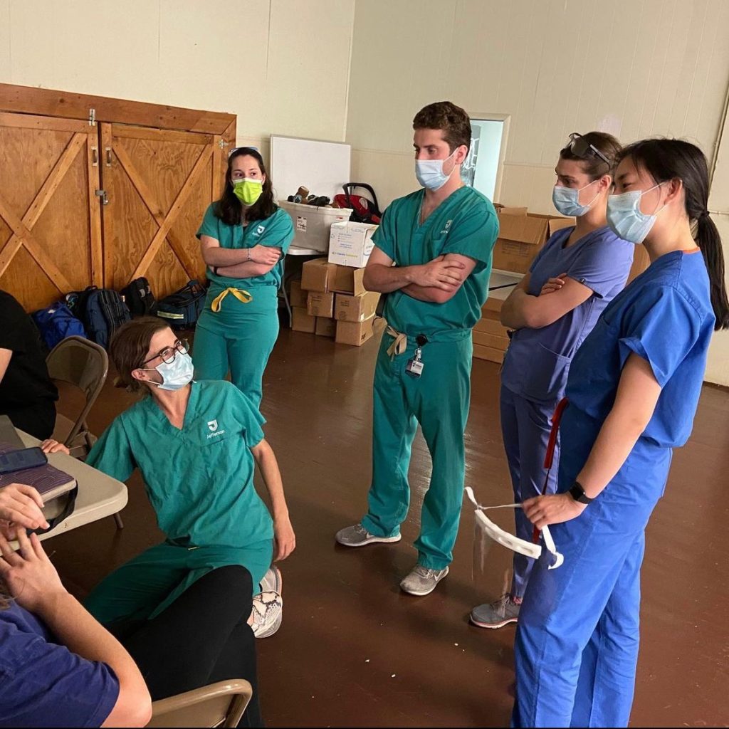Students getting ready on-site at the Action in Community Through Service clinic. Left to right: Shannon Nugent (MS4), Lily Segal (MS4), Eric Tecce (MS2), Regina McGuire (MS2), and Catherine Liu (MS2)