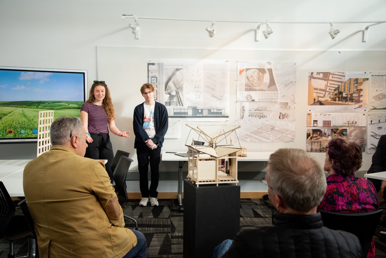 PT student Madeline Reich and architecture student Wyatt Korb present their project to faculty. (Photos by ©Thomas Jefferson University Photography Services)