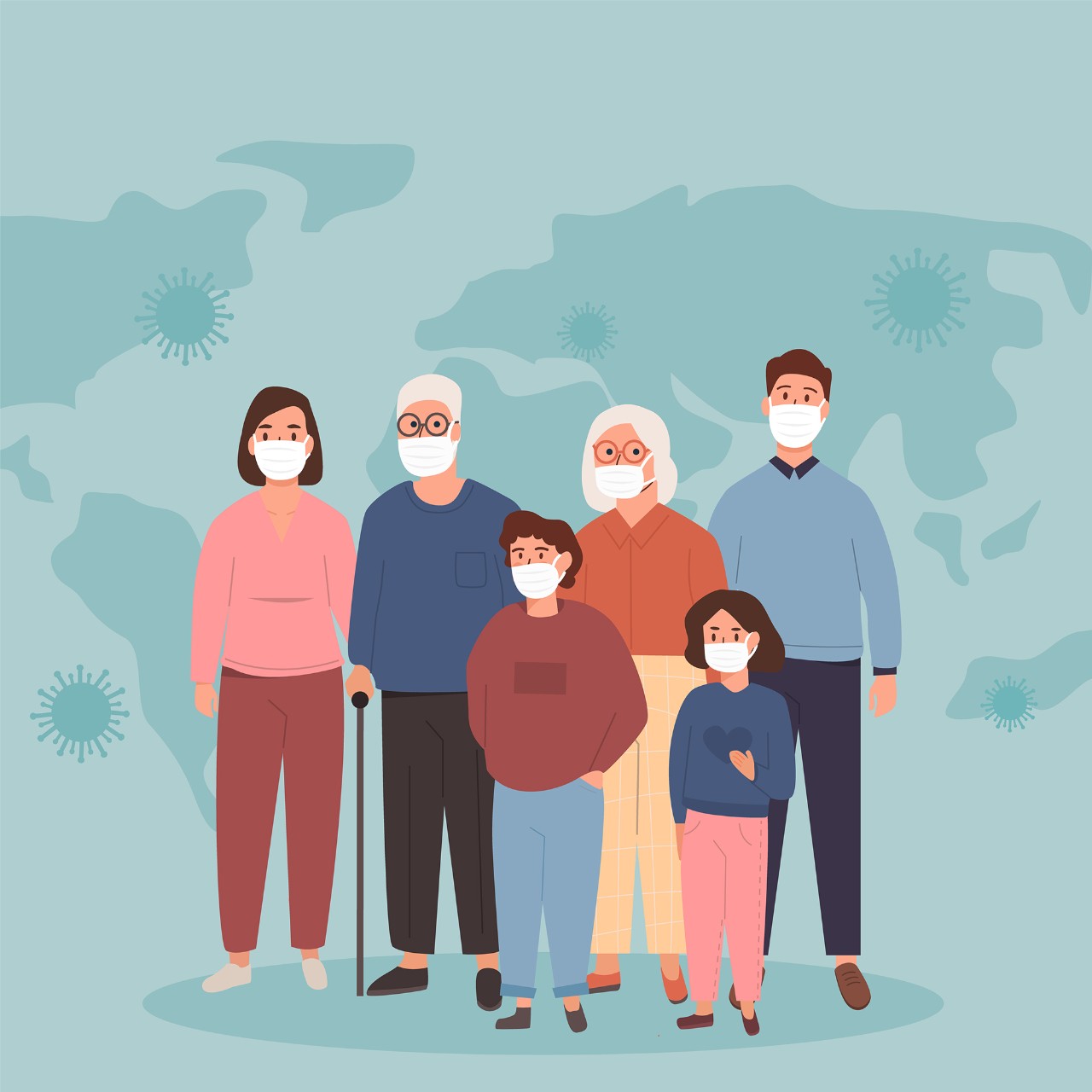 Big family of mother, father, granny and son and daughter wearin Big family of mother, father, granny and son and daughter wearin