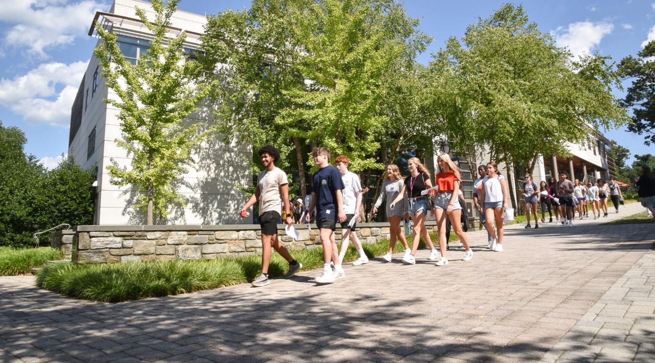 Students walking down a path