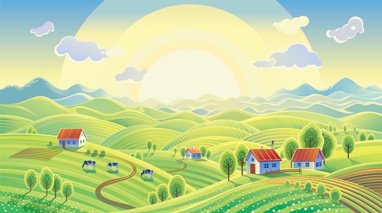 Summer rural landscape with village.