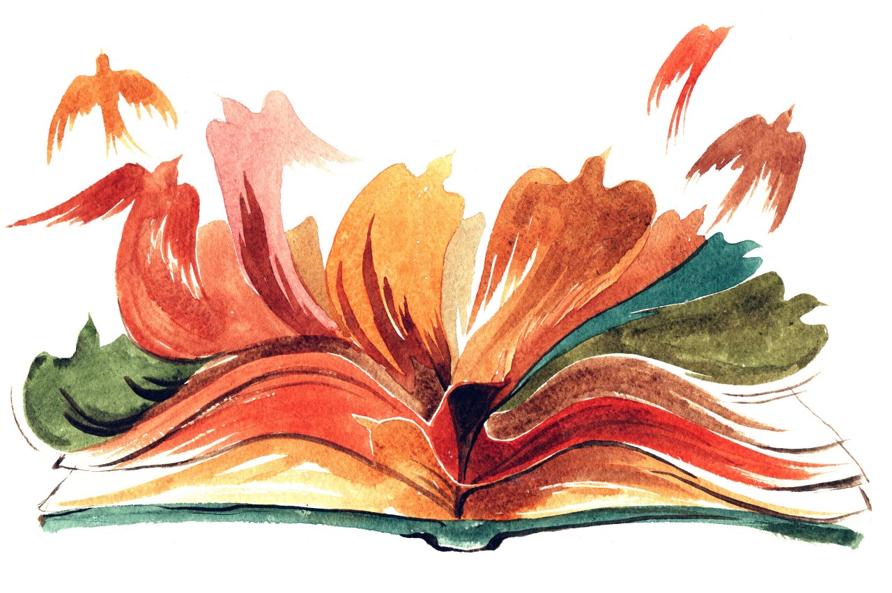 Illustration of book with pages like birds