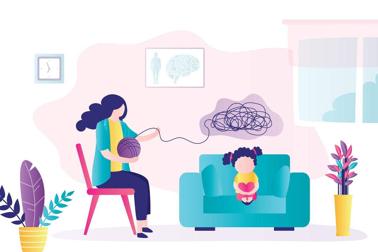 illustration of a therapist untangling a child's worries.