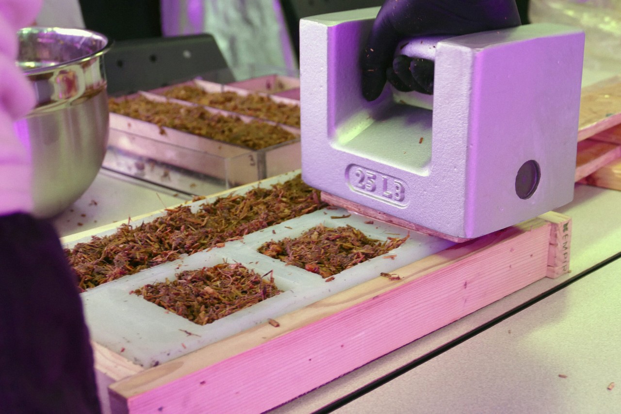 A hand compresses hemp growth medium into molds using a heavy weight.