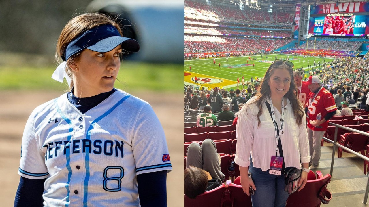 Katelyn Stys as a softball player next to a photo of her at the super bowl