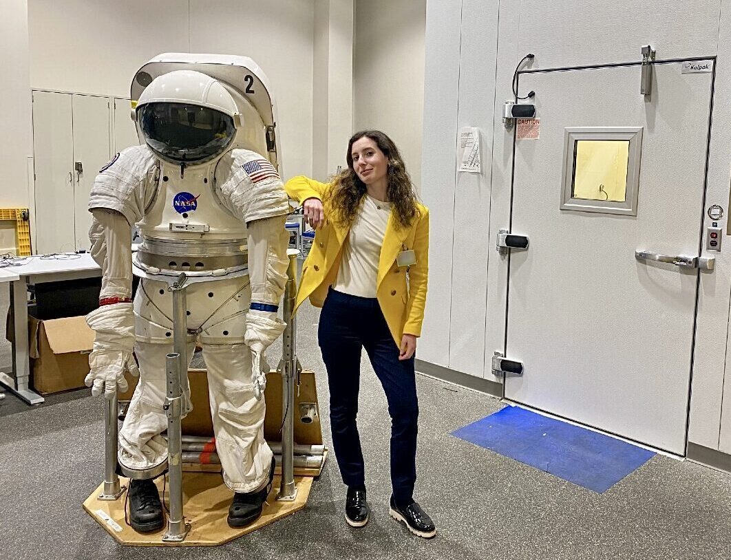 MS in nutrition and dietetic practice/RDN student Gabrielle Zimmerman interned with NASA’s Nutritional Biochemistry Laboratory last summer. Here, she poses next to an astronaut model in the Human Physiology, Performance, Protection and Operations Laboratory at NASA’s Johnson Space Center.
