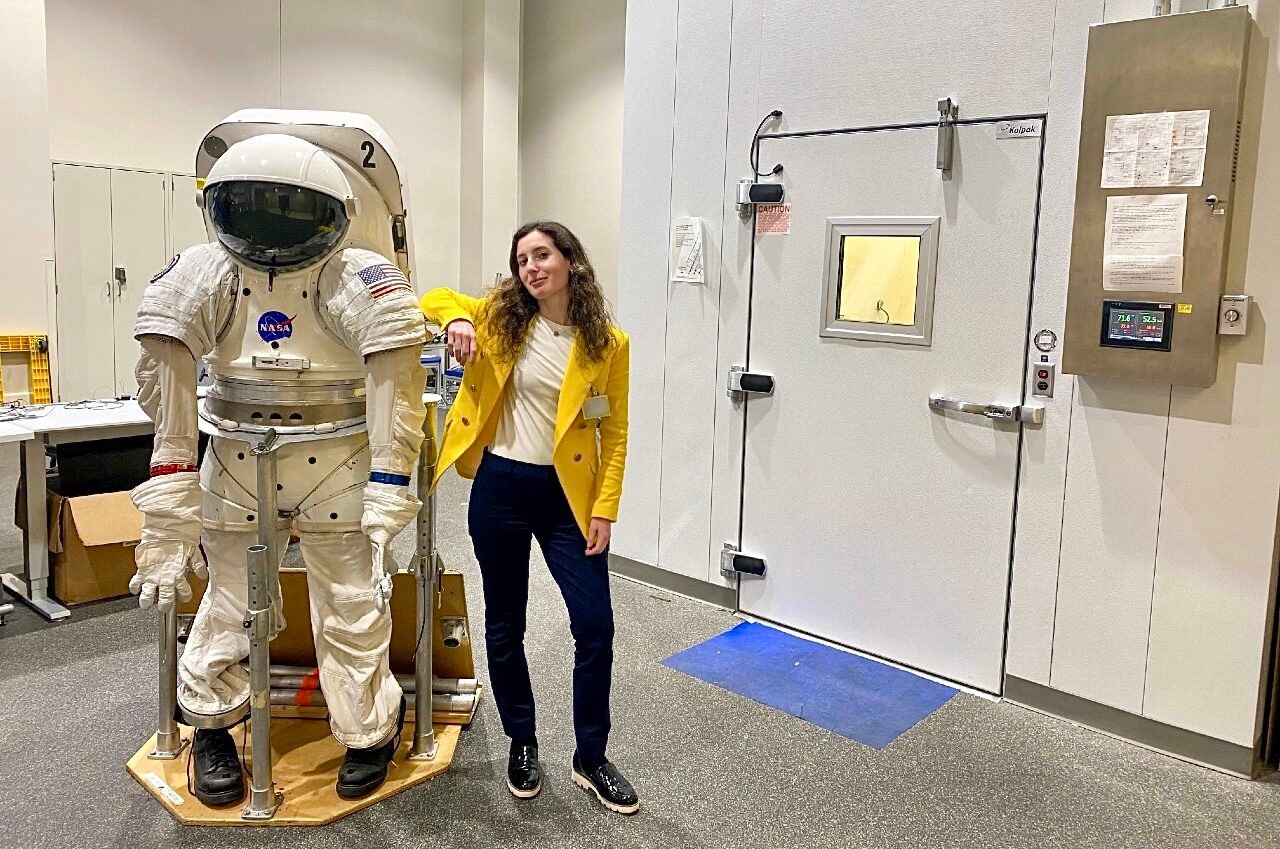 MS in nutrition and dietetic practice/RDN student Gabrielle Zimmerman interned with NASA’s Nutritional Biochemistry Laboratory last summer. Here, she poses next to an astronaut model in the Human Physiology, Performance, Protection and Operations Laboratory at NASA’s Johnson Space Center.