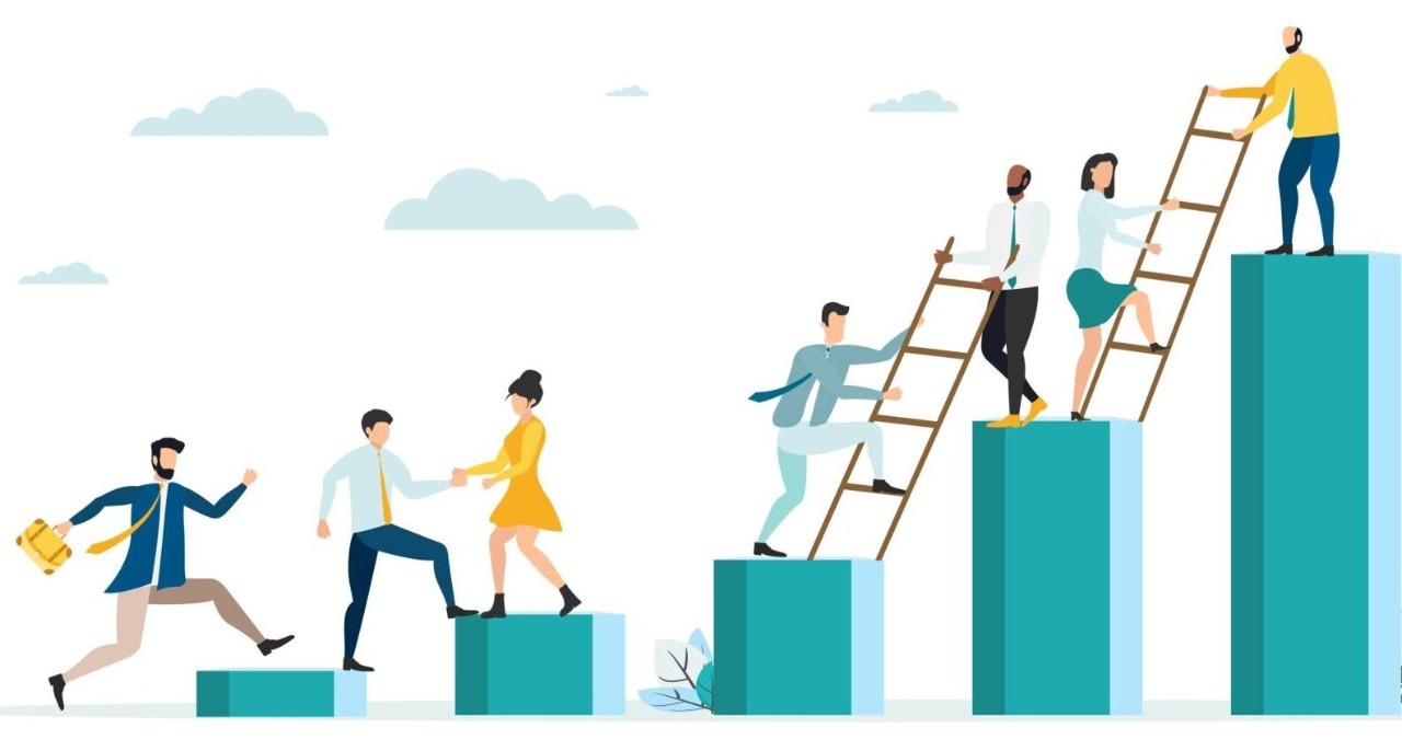 people helping each other up a series of ladders