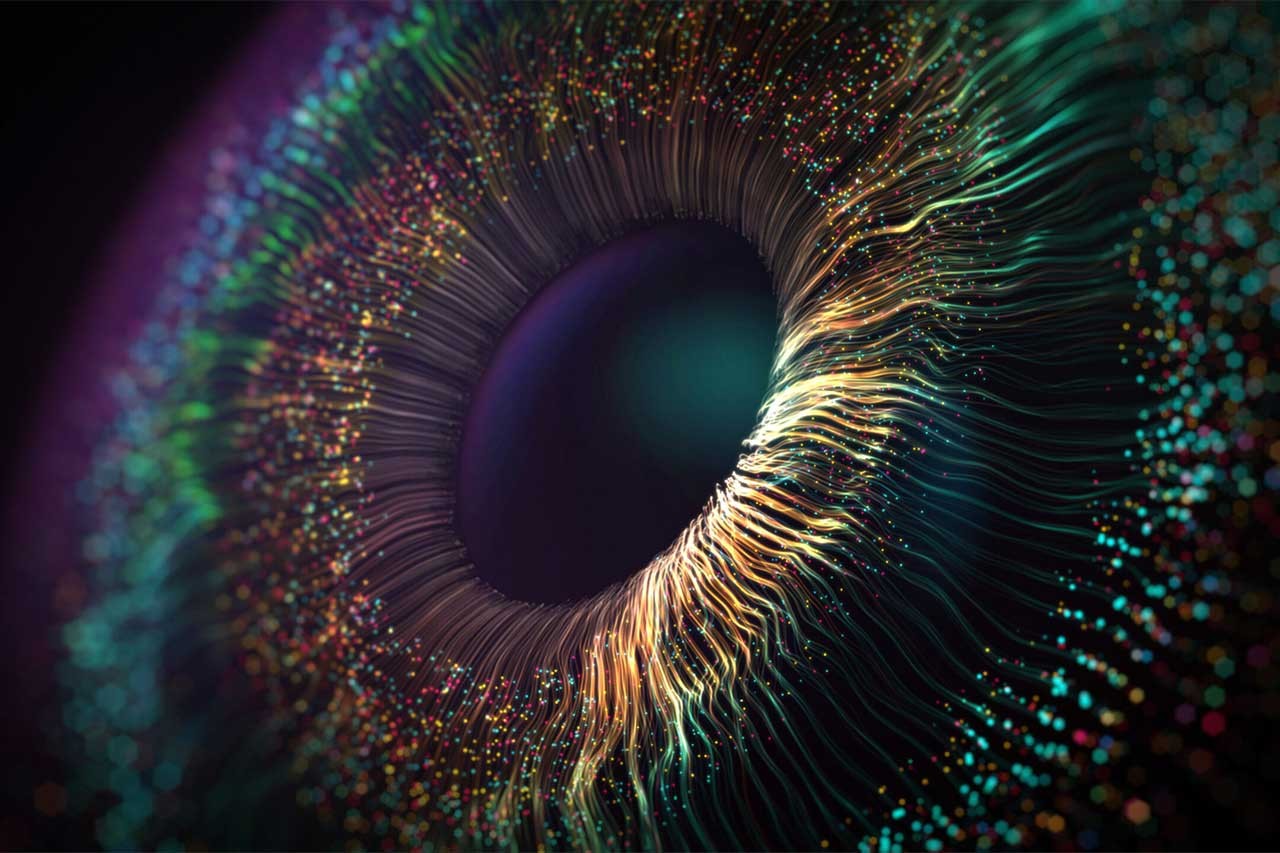 Human multicolored iris of the eye animation concept. Rainbow lines after a flash scatter out of a bright white circle and forming volumetric a human eye iris and pupil. 3d rendering background in 4K