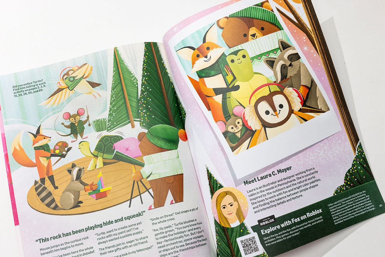 Jefferson grad Laura Moyer illustrated the forest friends of Bear, Owl, Mouse, Fox and Racoon as they go on whimsical holiday adventures together.