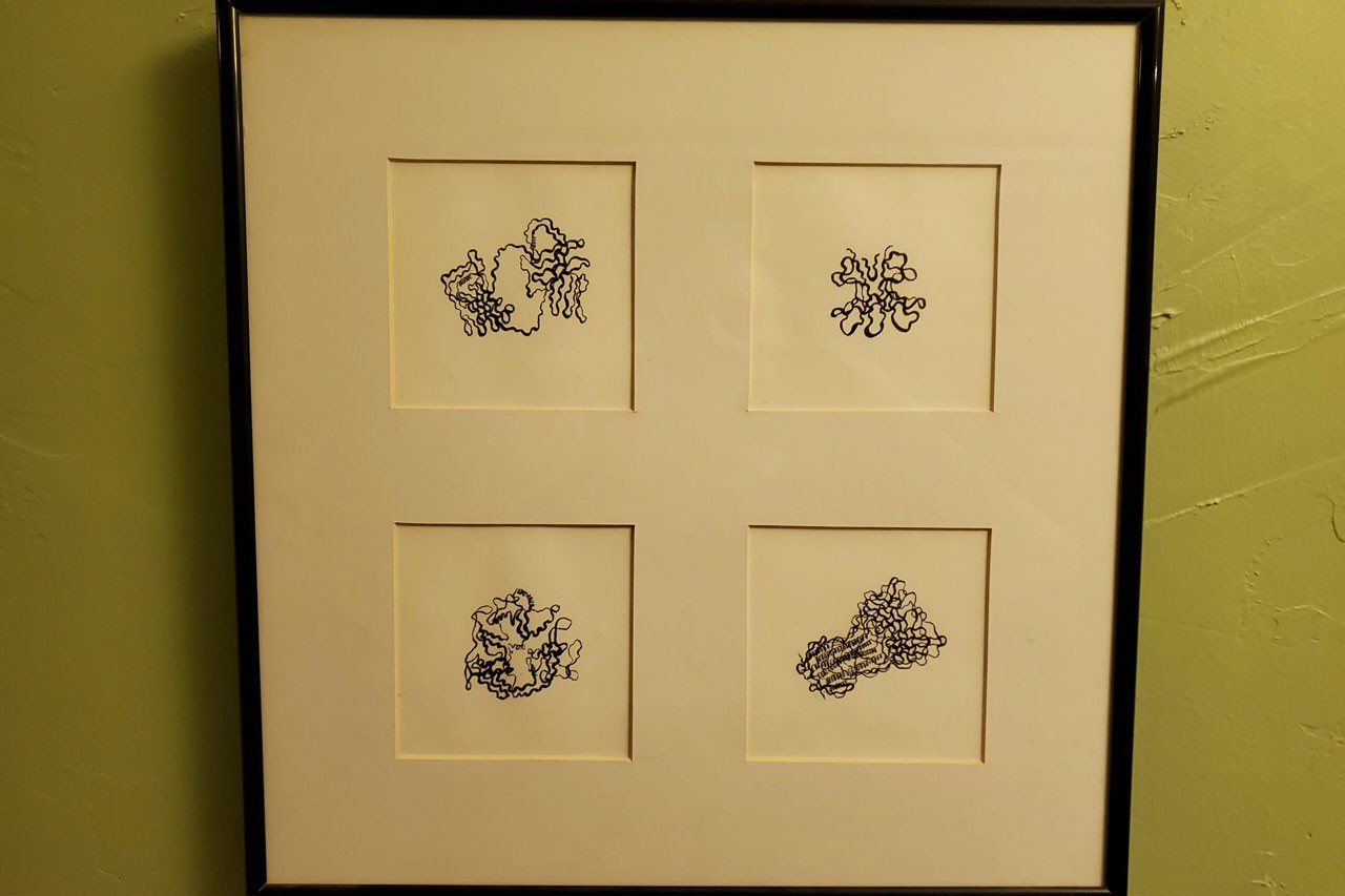 Dr. Armen's artwork collection "Biological Abstractions." Different mediums used include black ink, charcoal, watercolor, acrylics. 