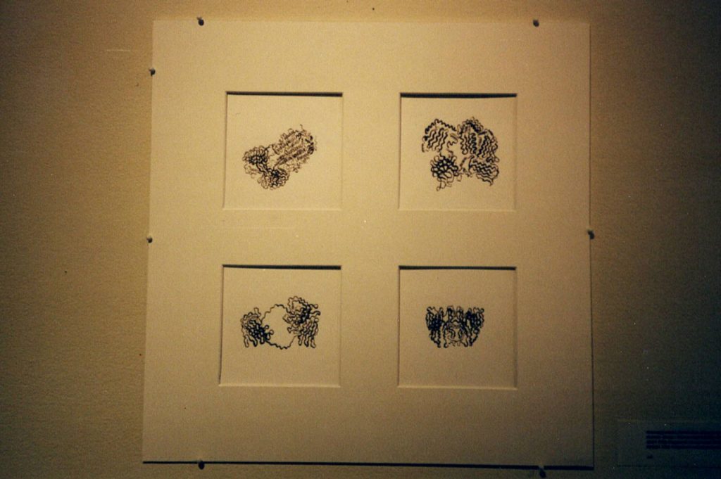 Dr. Armen's artwork artwork collection "Biological Abstractions." Different mediums used include black ink, charcoal, watercolor, and acrylics.