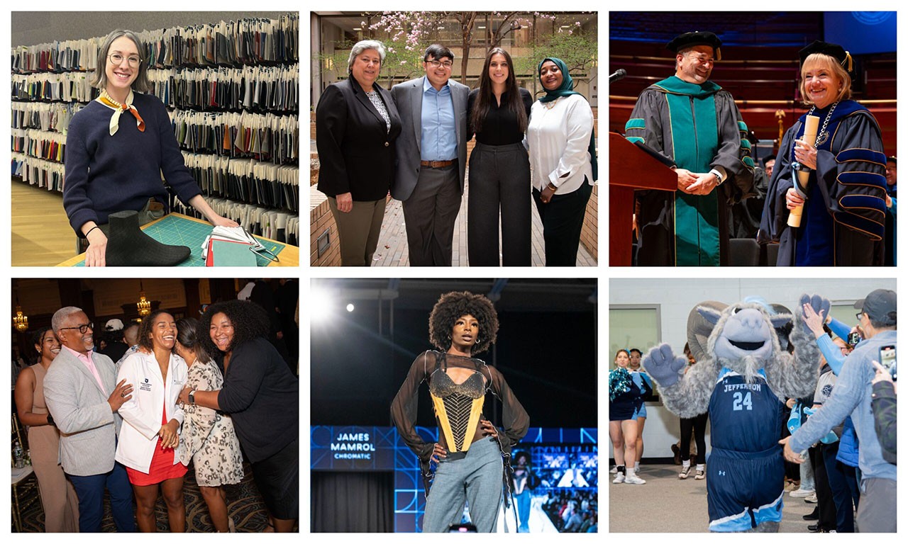 Members of the Jefferson community who helped shape 2024 include (clockwise from top left) Devon Willard, textile product science alumna; College of Pharmacy Interim Dean Dr. Mary Hess with recent pharmacy grads Ryan Quezon, Alyssia Calhoun and Eilaf Ismail; Jefferson CEO Dr. Joseph Cacchione and University President Dr. Susan Aldridge; Mascot Phil the Ram; student fashion designer James Mamrol, whose look is pictured here; and med student Arryana Daniels with her family.
