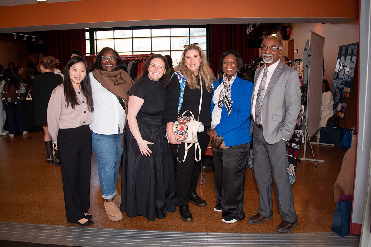 University leadership, alumni, and fashion merchandising and management faculty came out to the support the students at the pop-up shop, including (l-r): Joohye Hwang, Kimberlyne Bethea, Juliana Guglielmi, Amanda Schramm-Keeports, Nioka Wyatt and Philip Russel.