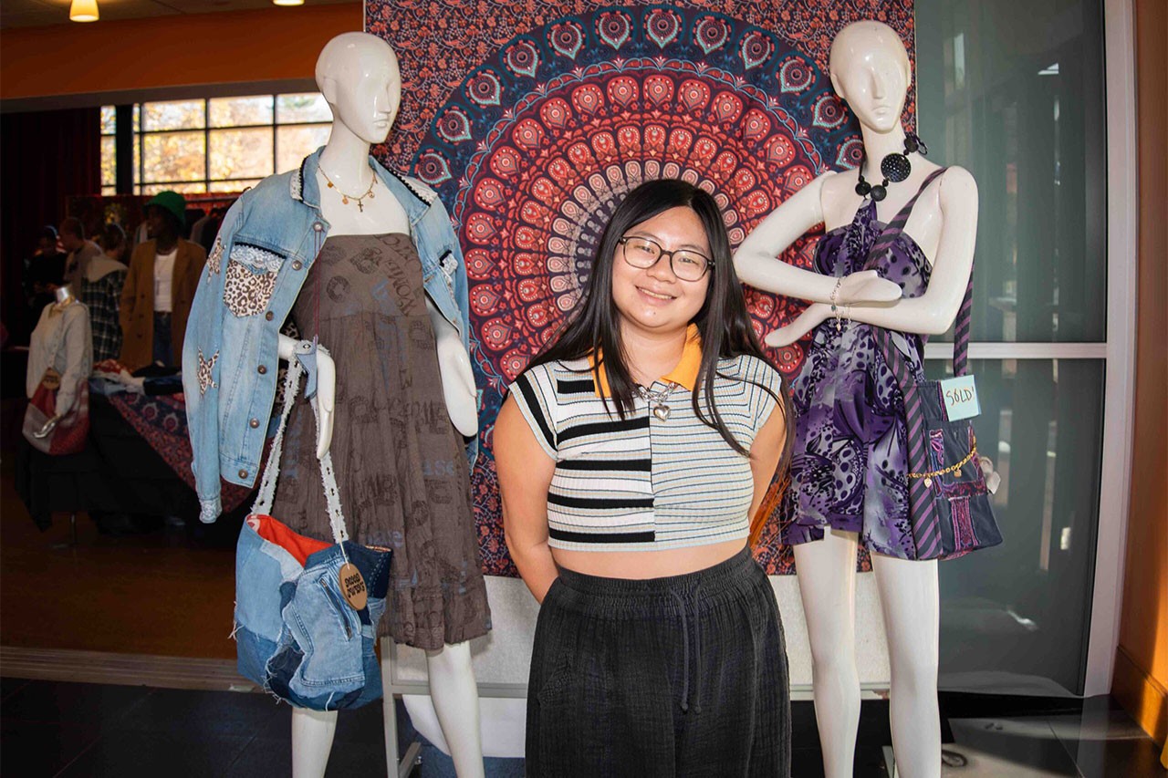 Student Ari Mulhern designed the display at the front of the pop-up in the Kanbar Performance Space.