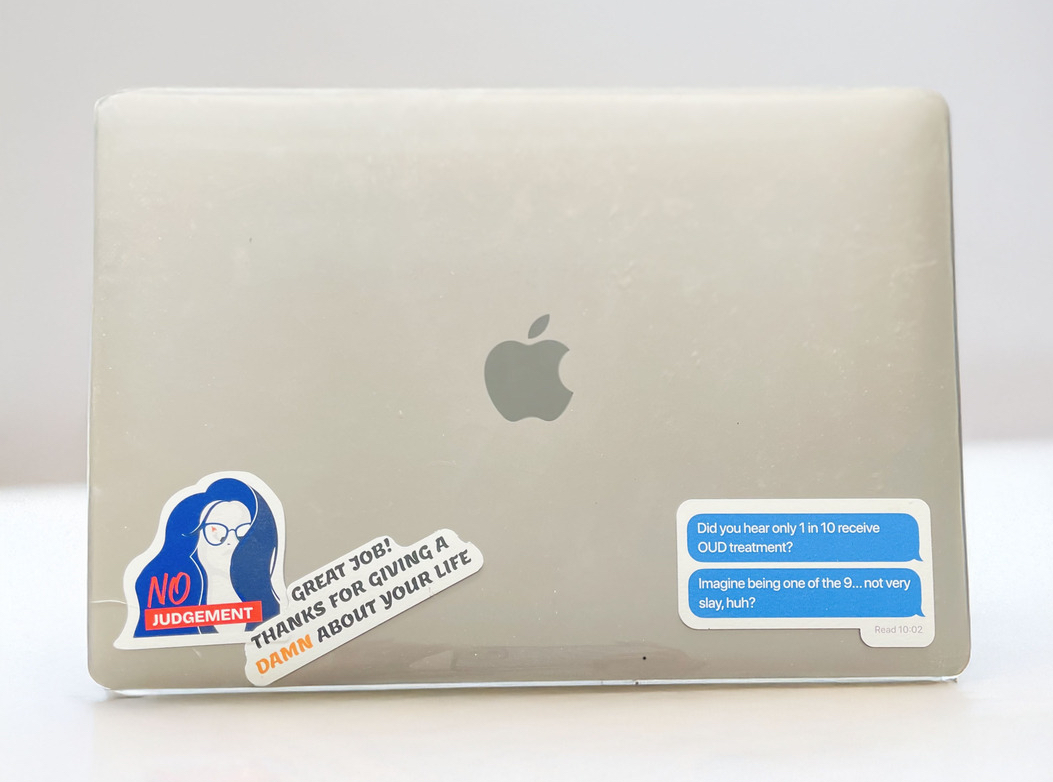 The stickers with Gen Z slang and meme-friendly graphics feature Narcan and other related topics on the effectiveness of opioid use disorder treatment.