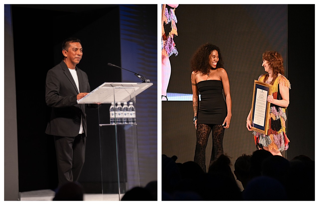 Alumnus Jorge Luis Salinas—founder and creative director for J. Salinas—received the Spirit of Design Award. Interim Fashion Design Program Director Carly Kusy presents alumna Alicia Pinckney with the Fashion Design Alumni Award. She’s Jordan Global men’s senior apparel designer at Nike. (Right photo/HughE Dillon)