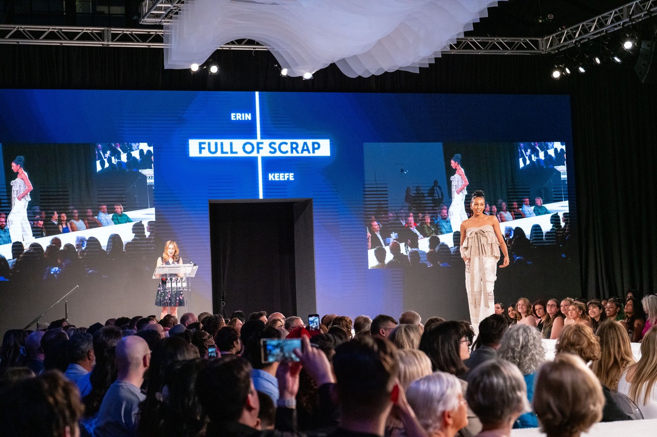Fashion design student Erin Keefe collaborated with textile student Skylar Strouss for the sustainably minded “Full of Scrap.” The collection won the Fashion and Textiles Futures Center Award for Excellence in Collaborative Textile Design and L. Tadd and Sandy Schwab Award for Most Ready for Retail.