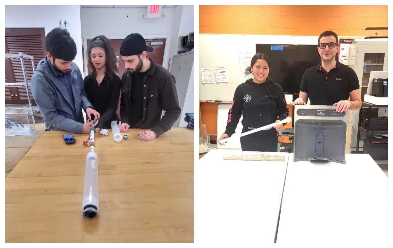 Mechanical engineering students gain real-world experience through their senior capstones. Class of 2024 alumnus Juan Bahena (far left), currently a reliability and equipment engineer at DuPont, worked with the Philadelphia Water Department to develop a sustainable, affordable microplastic filtration system.