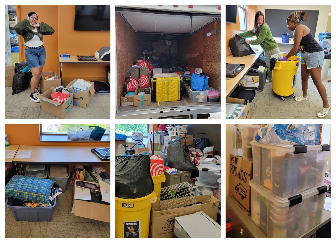 With the help of resident assistants and students in the community service work-study program, Jefferson collected 1,018 pounds of items to donate to the Philly Unknown Project and Philly Food Rescue. Pictured above (l-r) are psychology student Gaby Rodriguez, architecture student Hannah Powell and biochemistry student Evelyn Kornegay.