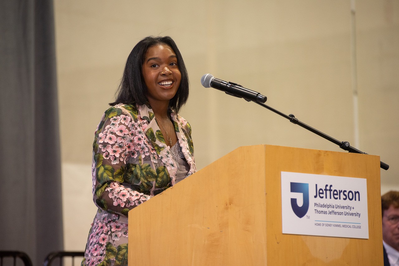 Student Government Association President Paris Schell reminded new students that every stumble represents a step toward something greater.