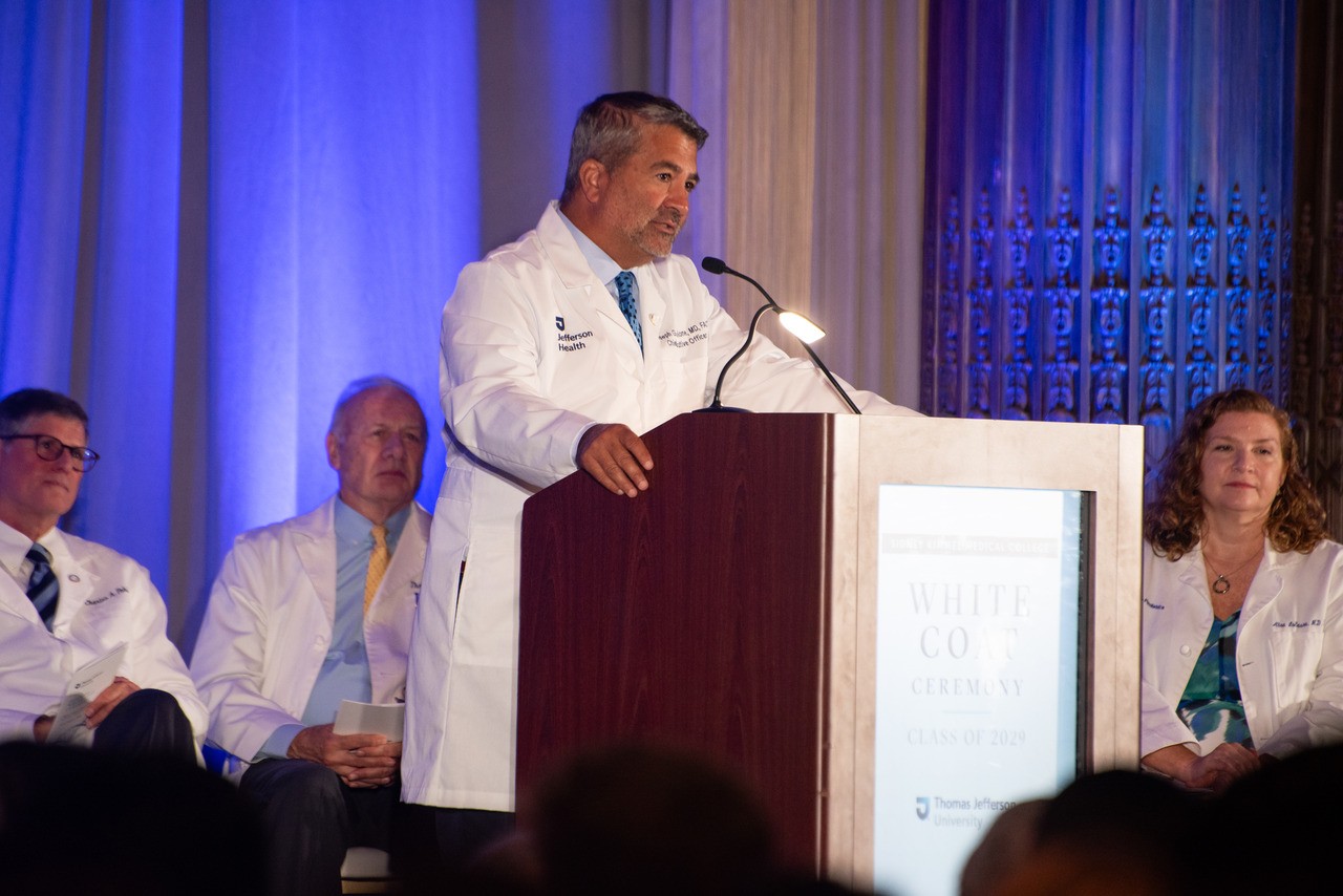 Jefferson CEO Dr. Joe Cacchione welcomed med students to a new chapter in their lives and congratulated them on following a noble calling.