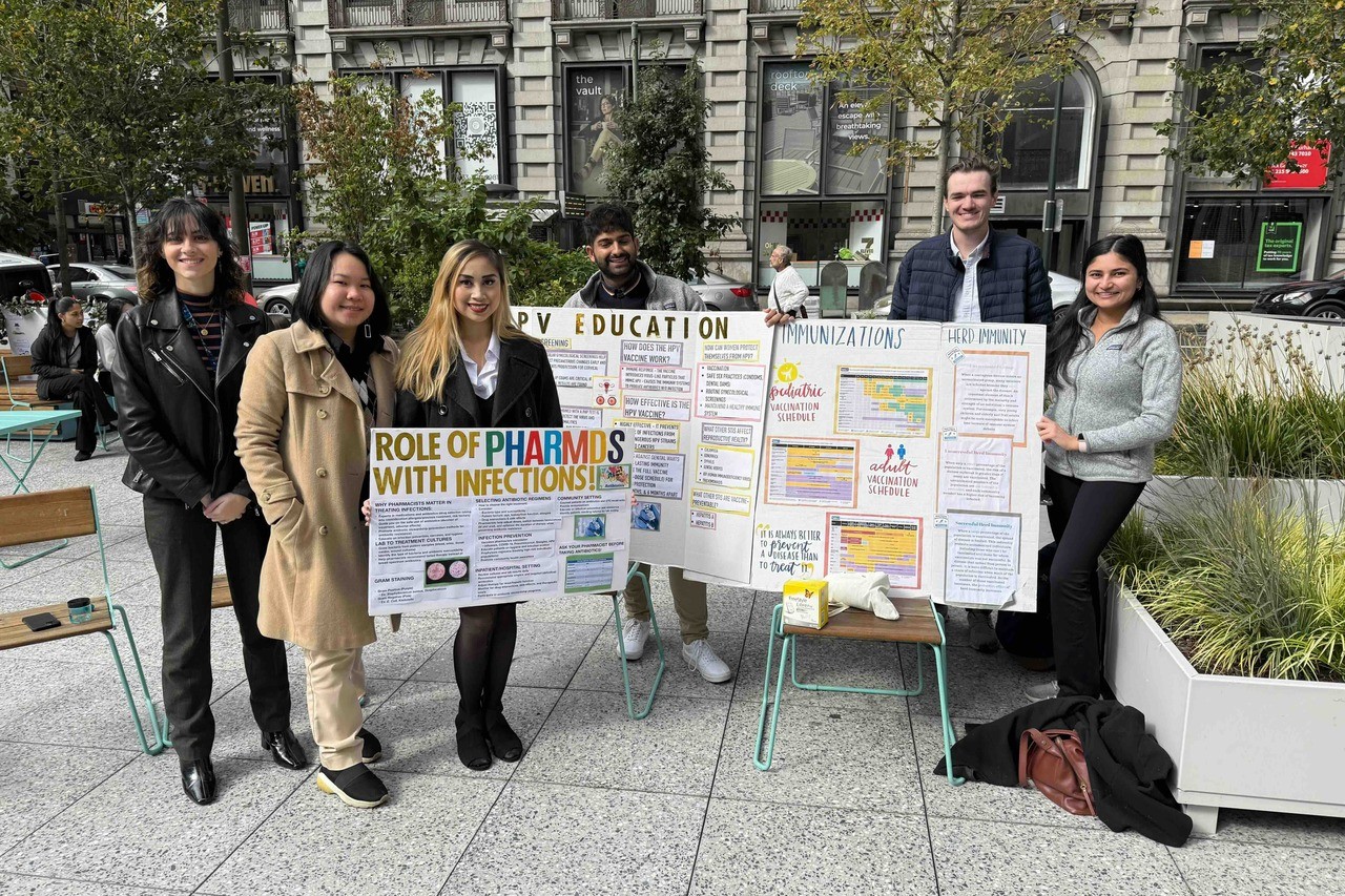 As part of the day’s activities, pharmacy students promoted the profession around Philadelphia. Students pictured here include (l-r): Rachel August, Ha My Luu, Tanya Abillar, Austin Rajput, Jake Brown and Mauli Maniar.