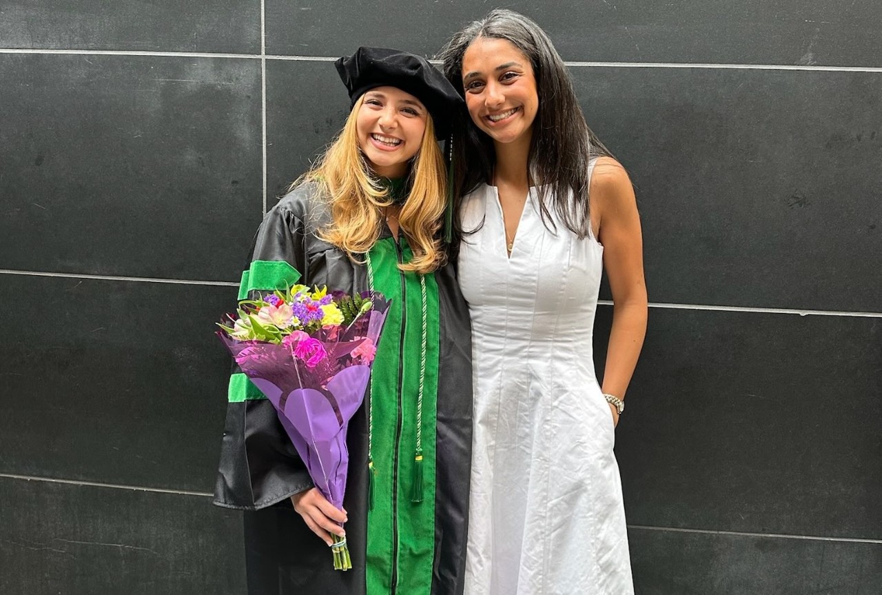 Samara and Kiley Hamou pose together at Samara’s Sidney Kimmel Medical College graduation in May 2025.