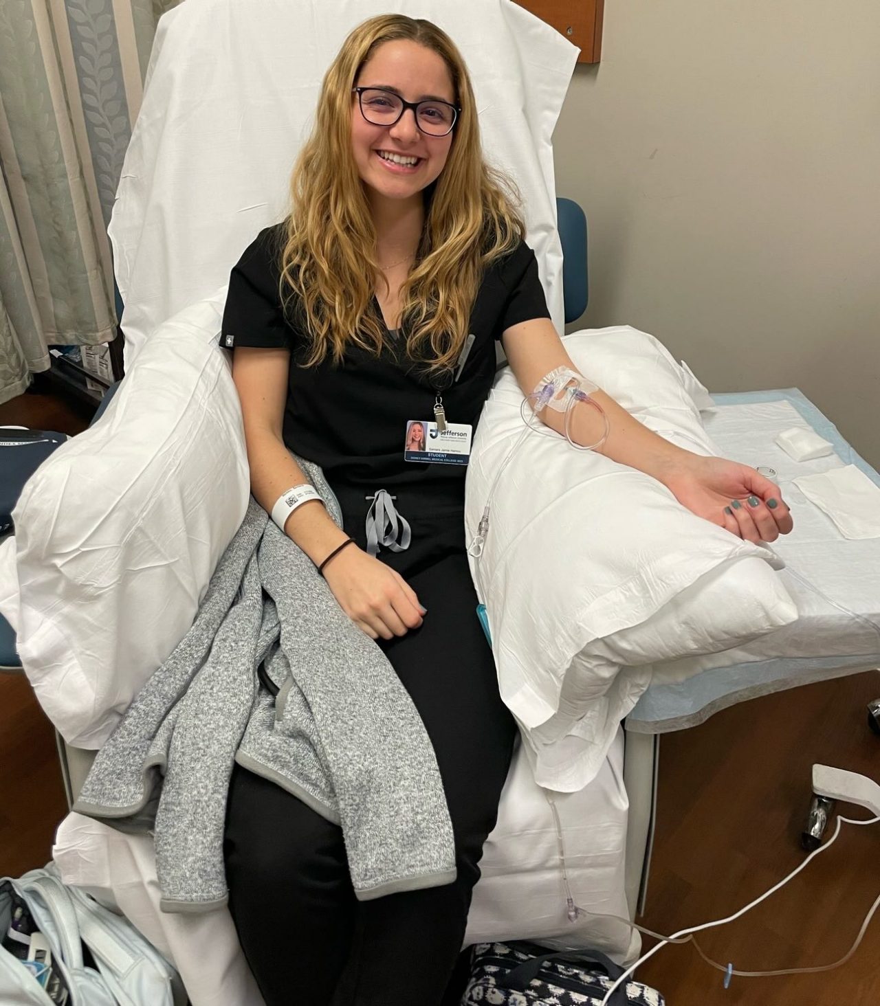 Samara Hamou receives an infusion after a rotation during her fourth year of medical school.