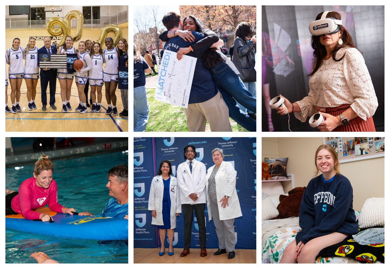 Members of the Jefferson community who helped shape 2025 include (clockwise from top left) Basketball Coach Tom Shirley; the Sidney Kimmel Medical College Class of 2025; the fashion design technology program, which among other Jefferson programs, is harnessing AI to meet the needs of an evolving industry; student Hannah Baronsky, part of the incoming undergraduate class; the Jefferson College of Pharmacy Class of 2029 and new Dean Dr. Anandi Law; and Occupational Therapy Professor Dr. Amanda Parezo.