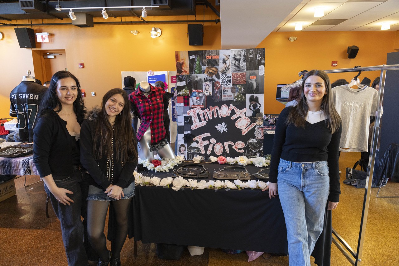 Fashion merchandising and management students (l-r) Alexis Lorenz, Adriana Molina and Olivia Johnstone developed the Immortal Fiore brand, selling punk-inspired tops and bags.