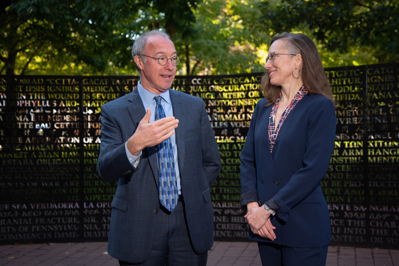 Dr. Steve Herrine, vice dean for undergraduate medical education at Sidney Kimmel Medical College, and Megan Voeller, the University's director of humanities, discuss Jefferson's innovative approach to infusing humanities into the curriculum. (Photos by ©Thomas Jefferson University Photography Services)
